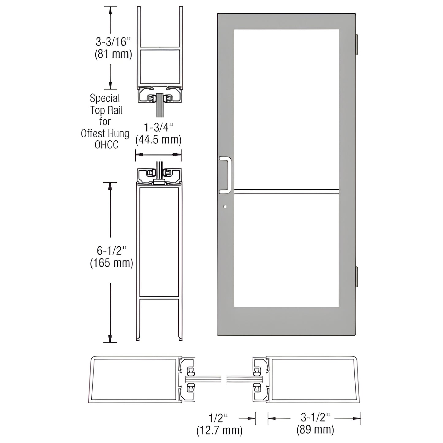 Clear anodized medium-stile commercial glass entrance door with push/pull hardware, 3-1/2" stiles and 6-1/2" bottom rail, dia