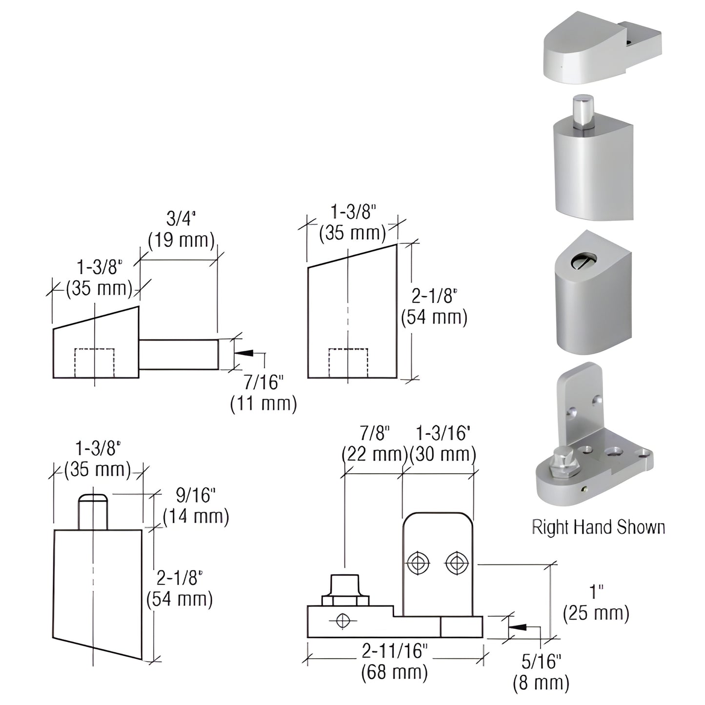 CRL right-hand aluminum offset pivot set for storefront doors, adjustable bottom, satin aluminum finish - SKU 0P40011R