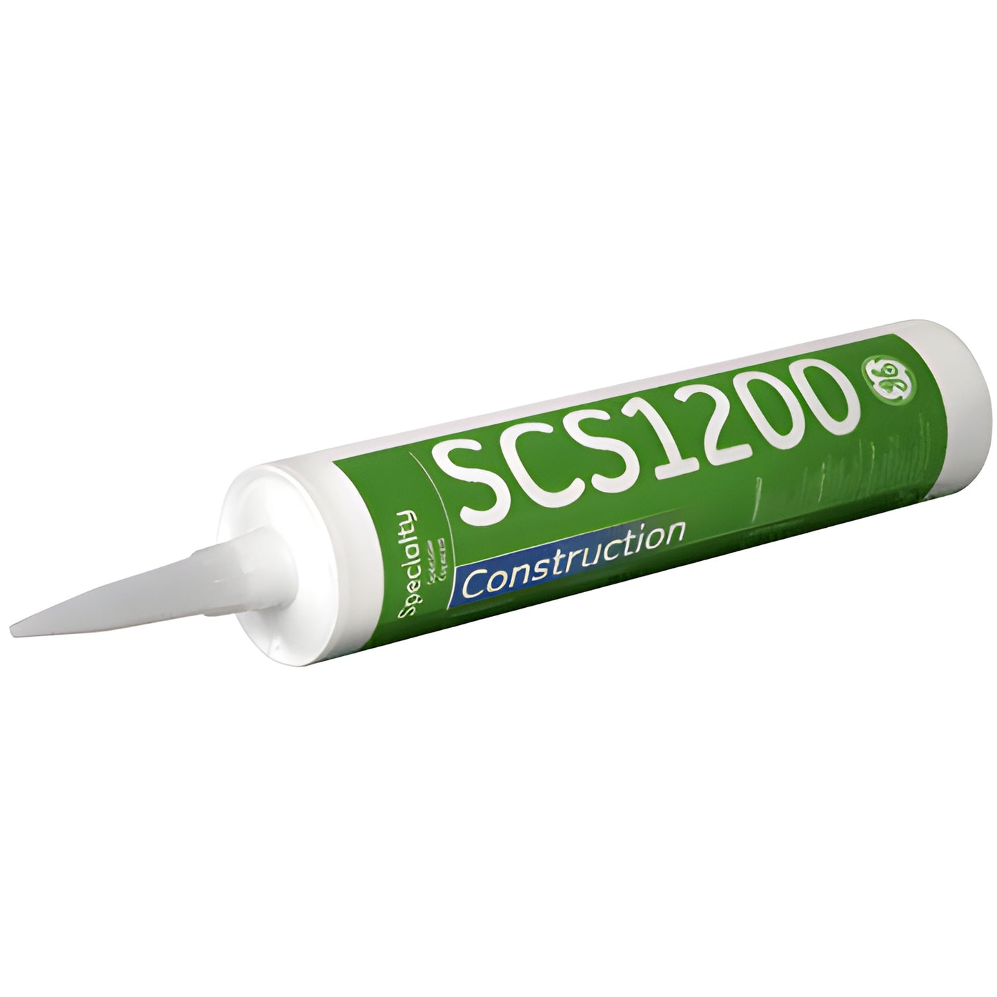 Cartridge tube SCS1203 GE 1200 black construction silicone sealant, 10.1 oz, white angled nozzle.