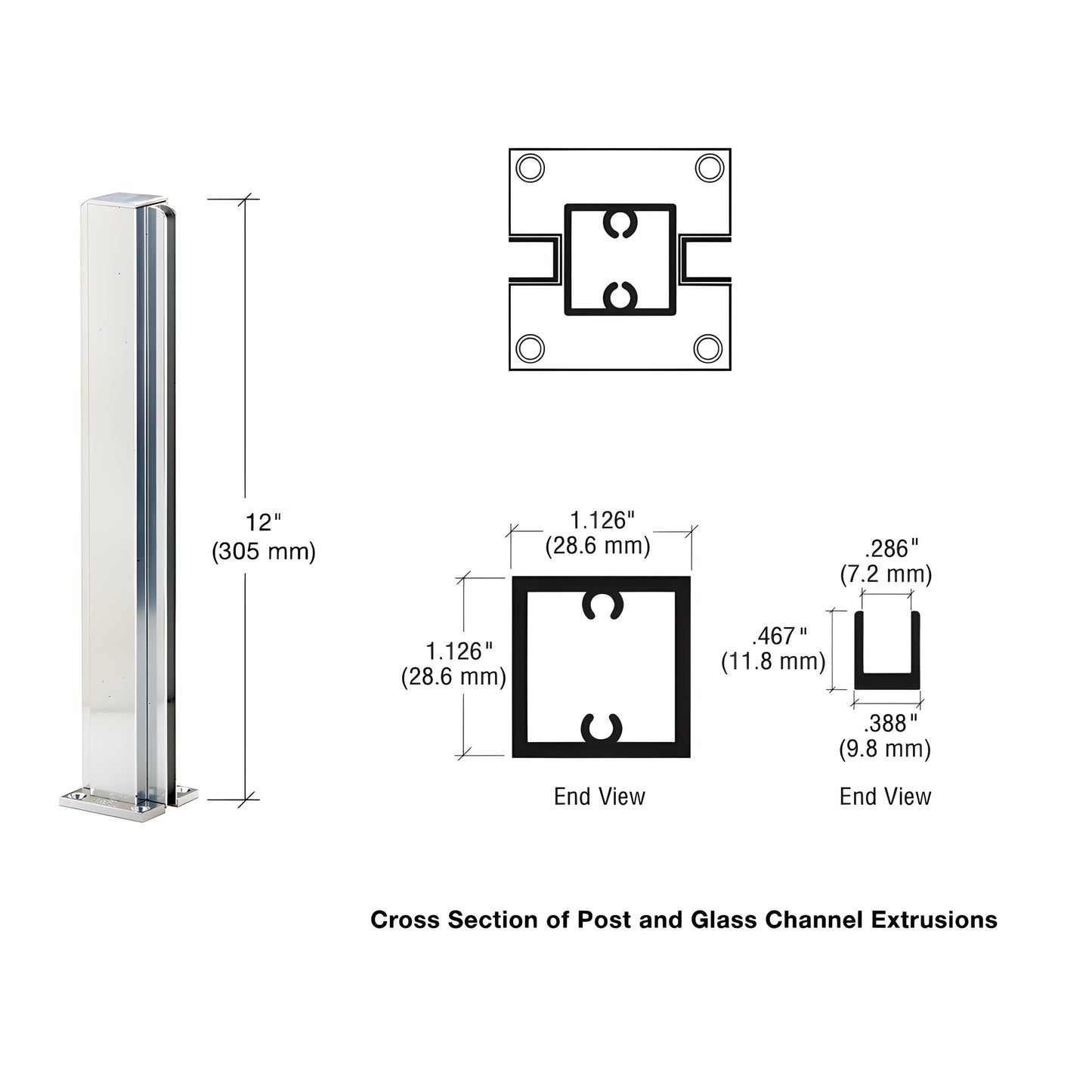 12" bright anodized aluminum square partition post with U-channel glazing for 1/4" glass, attached cap and base.