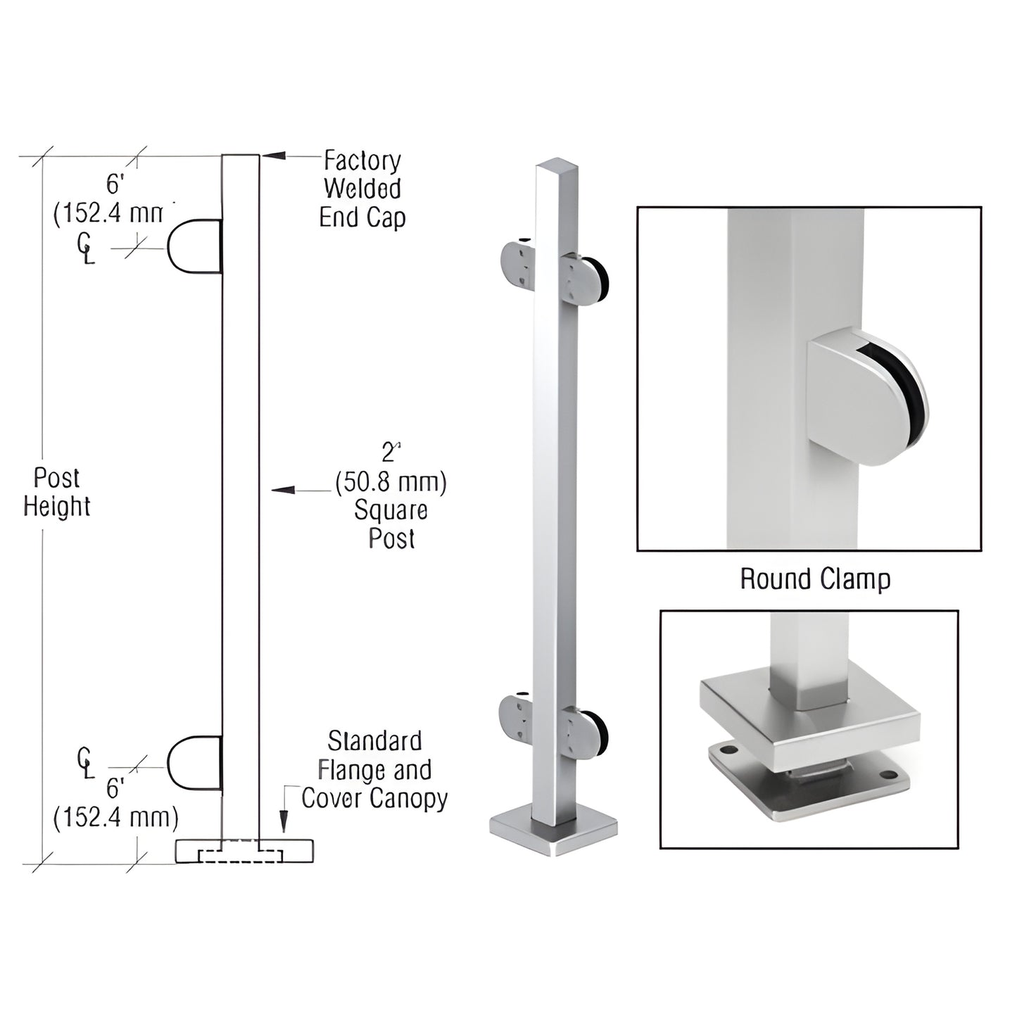 SPR42CPS stainless steel 2" square glass-clamp post kit with Z-clamps, welded top cap and 5" base plate cover.