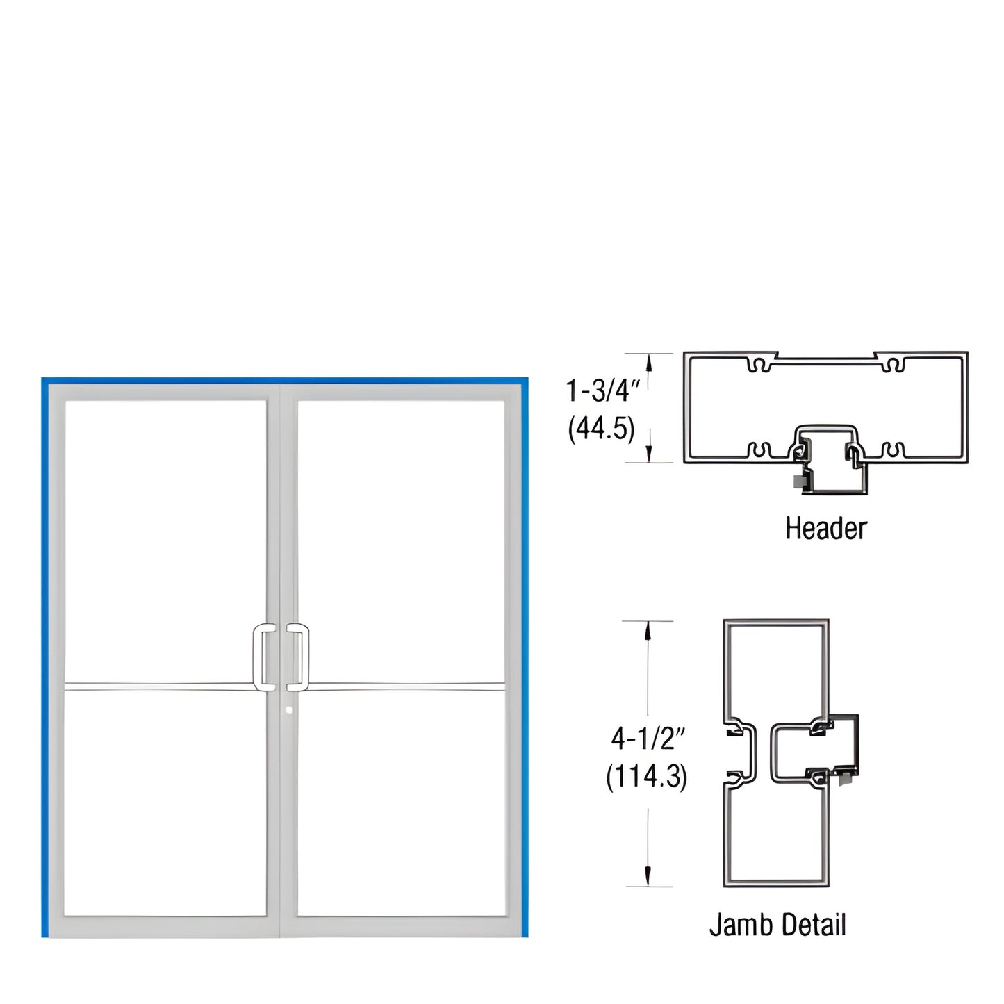 Diagram: clear anodized aluminum up-and-over pair frame with double glass doors, jamb/header profiles; 751 2" x 853 4" SKU FR4251