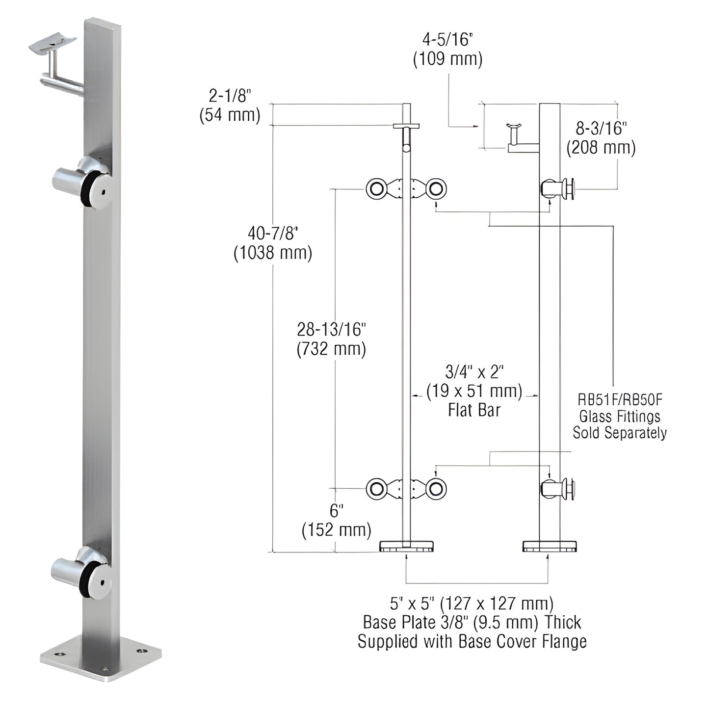Stainless steel surface-mounted glass railing post with 5x5 base plate, P342REBS