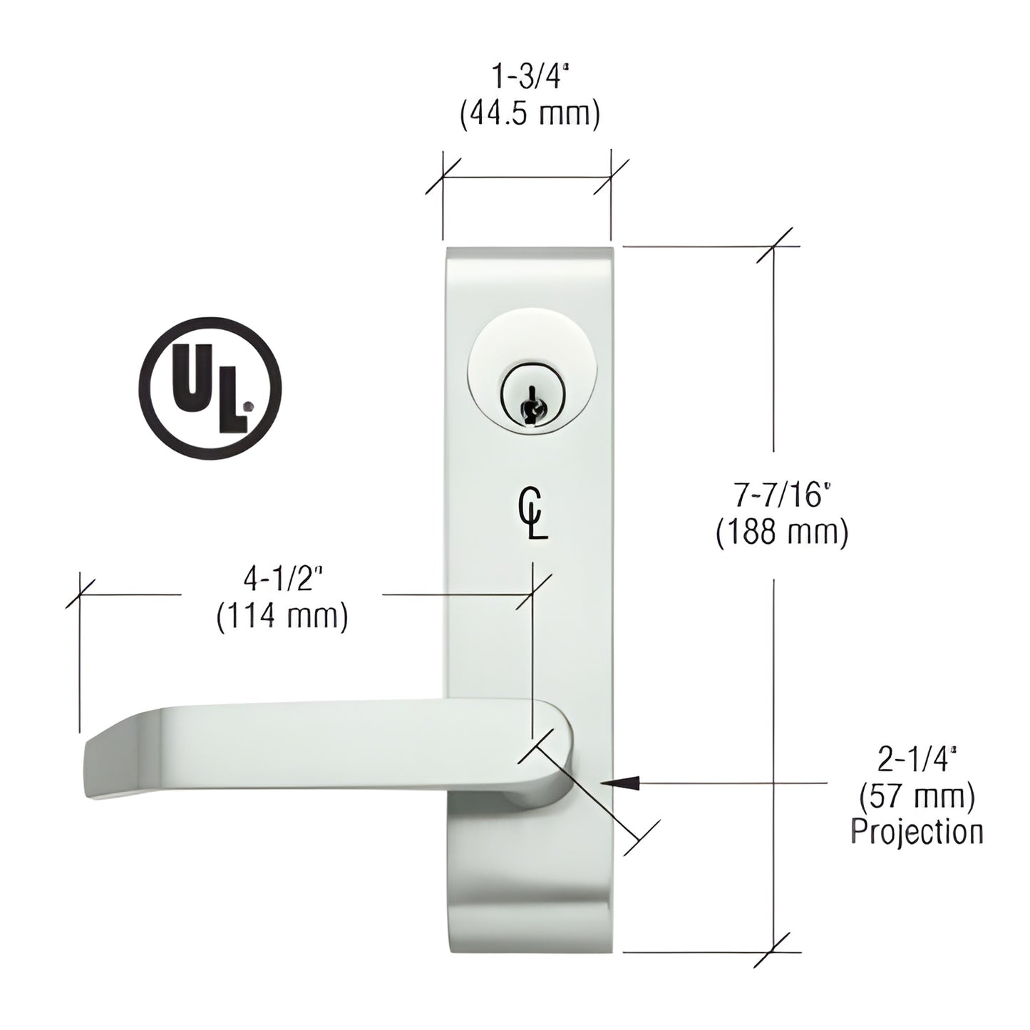 Jackson locking flat lever outside trim, aluminum finish, keyed, slim 1-3/4" escutcheon for rim panic devices (SKU 9500LVNL02