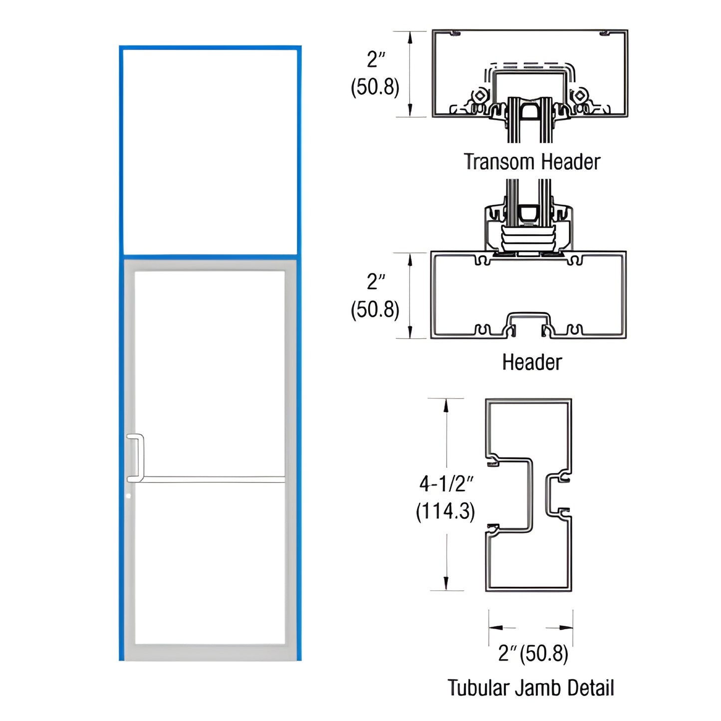 FR91571 aluminum storefront frame with transom for 36x84 door, tubular 2" x 4-1/2" jambs, custom Kynar finish