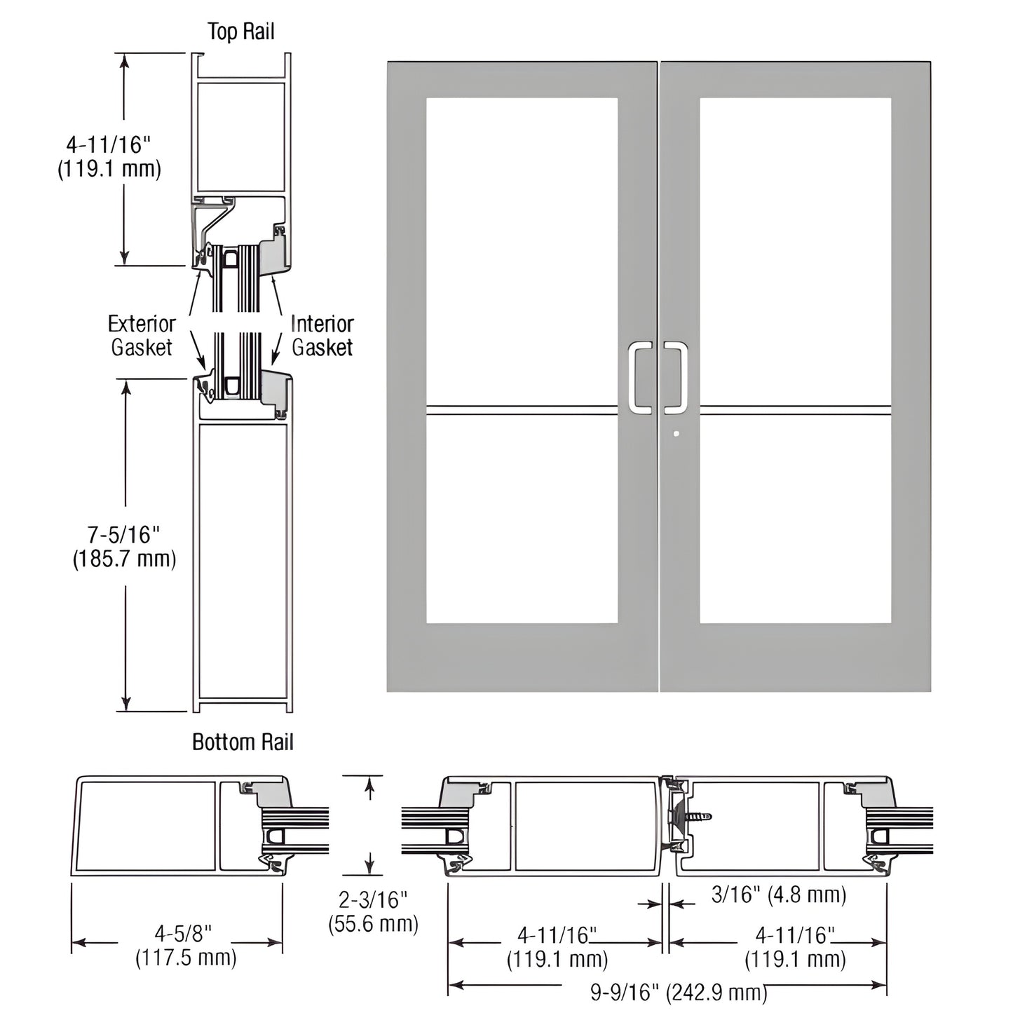 SF62511 CRL StormFront double hurricane impact entrance door, clear anodized finish, fits 1 5/16 glazing