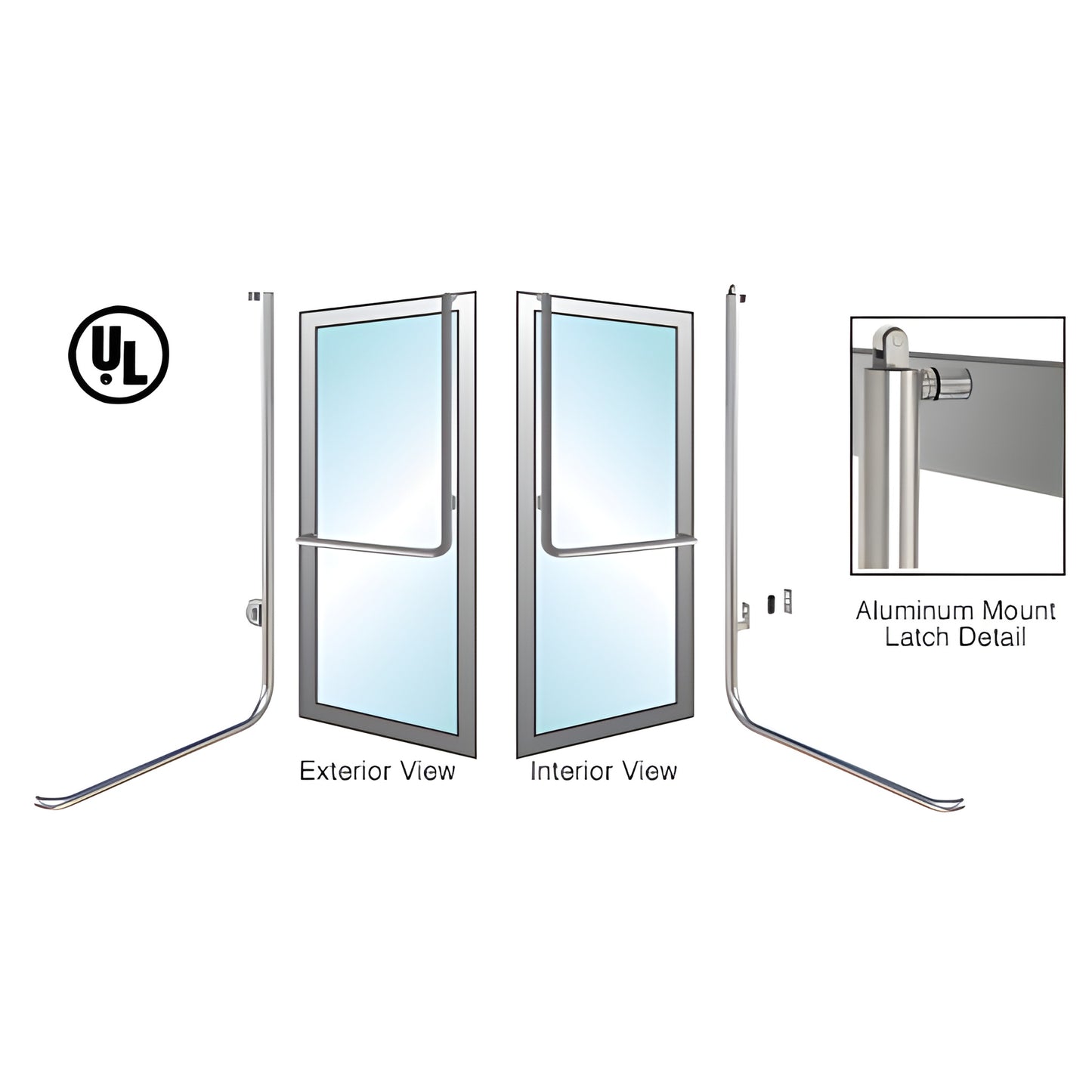 Brushed stainless aluminum panic handle for 1/2"-3/4" glass doors with exterior key cylinder, SKU BP100D4AKBS