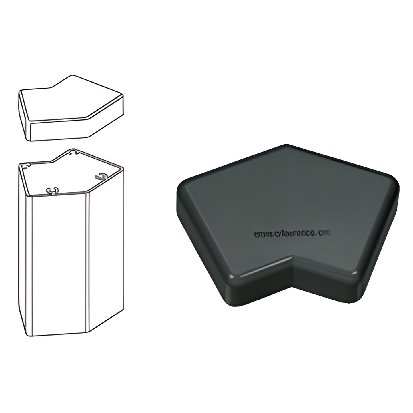 PC45BL matte black 135 aluminum pentagon-shaped post cap for 100 Series vertical posts, fits top edge, smooth finish