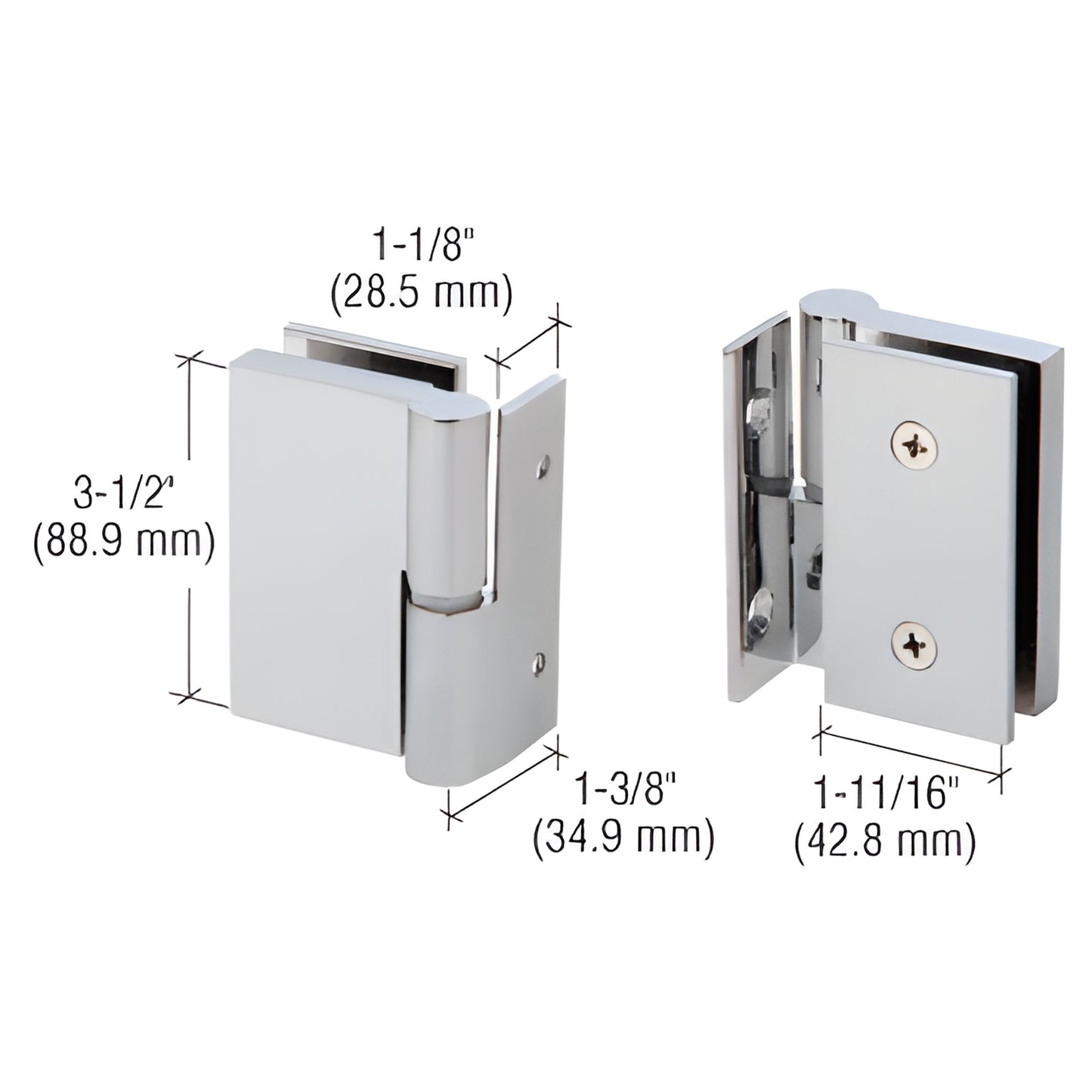 GH037LBS left-handed 316 stainless brushed wall-to-glass self-closing hinge for 3/8-1/2 tempered glass, dimensions shown