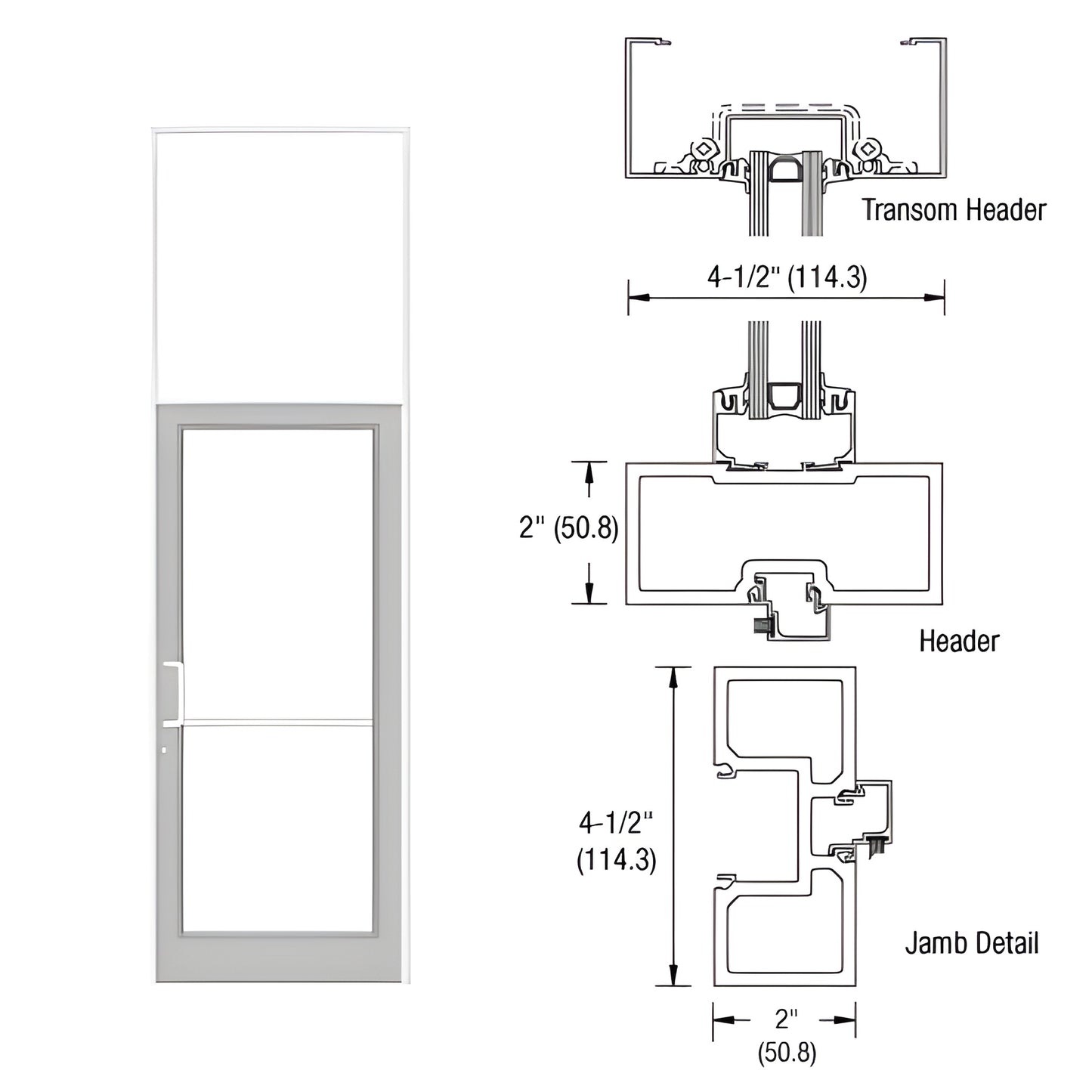 FD61852 white Kynar aluminum transom frame with 36" x 84" door opening, tubular jambs and included aluminum threshold (photo