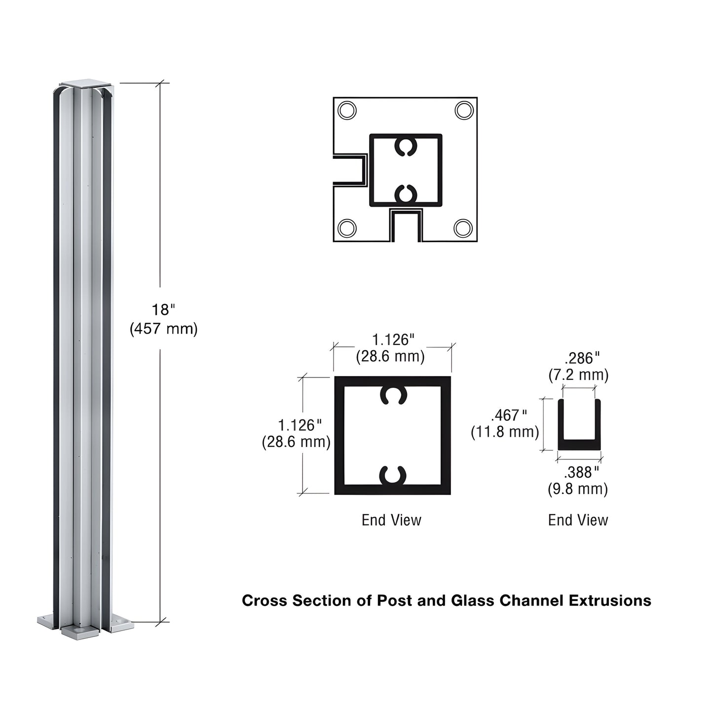 Satin anodized aluminum 90 corner partition post, 18 in., square tube with U-channel for 1/4" glass - SKU D990A18CR