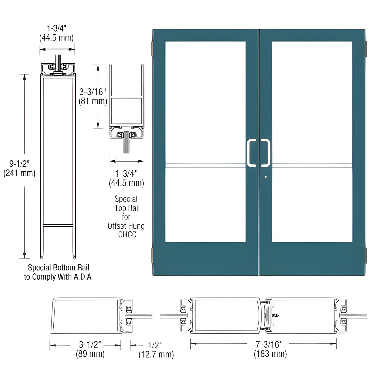 DE42471 custom medium-stile double entrance door, teal frame with large glass panels, ADA 91 2" bottom rail, hardware-ready.