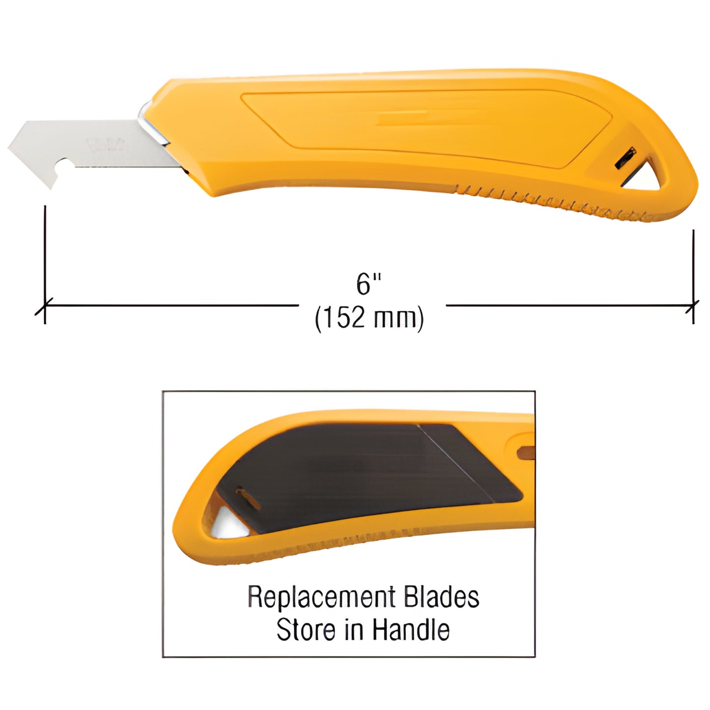 Yellow P800 plastic cutter knife, 6" overall, hooked blade, thumbscrew quick-release, spare blades stored in handle.