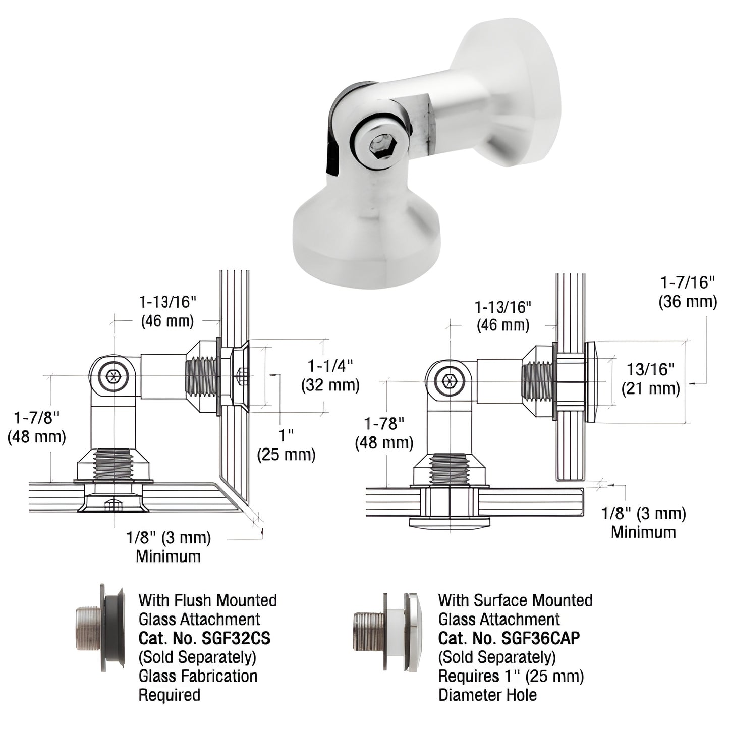 SGF42BGG brushed stainless 316 glass-to-glass swivel pivot for 3/8-1/2" tempered glass.