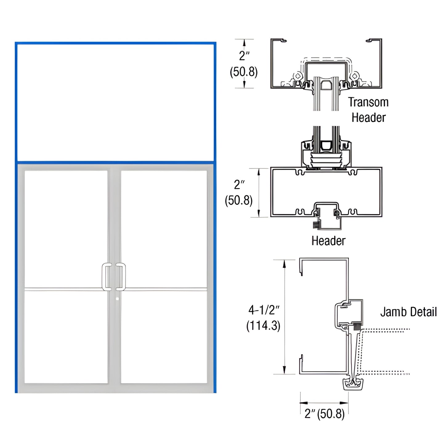 Transom storefront frame with double door, Custom Kynar finish, aluminum threshold, gear-hinge details, 2" & 4-1/2" - SKU 0B9