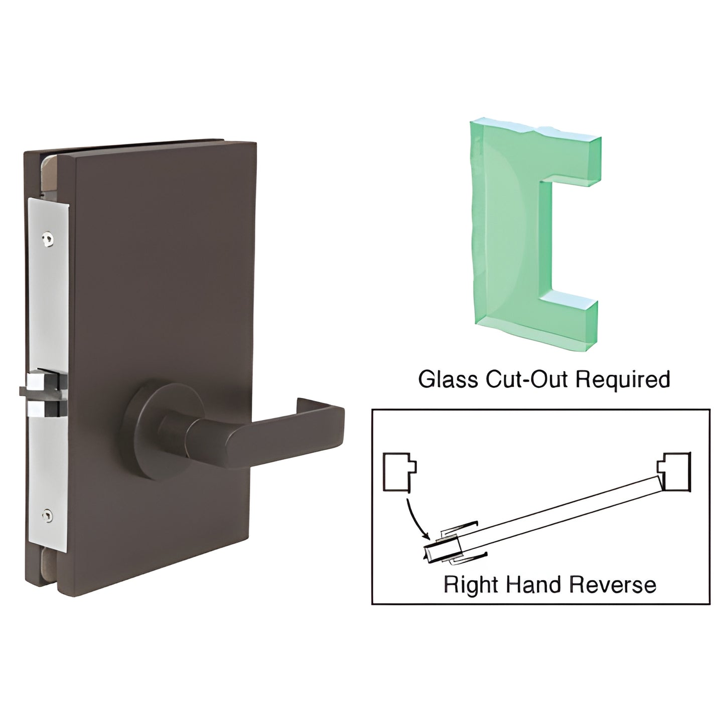 Black bronze 6x10 center lock deadlatch for 1/2" (12mm) tempered glass, right hand reverse - glass cutout required.