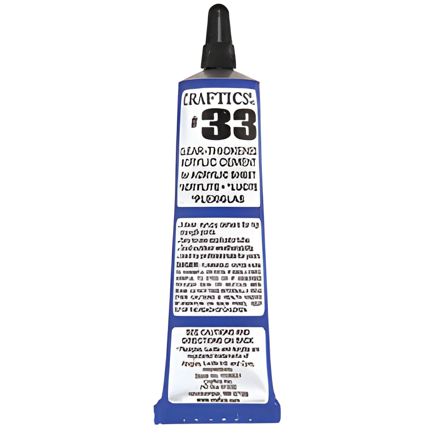 Tube of Craftics #33 clear acrylic cement, 1.5 oz, blue/white squeeze tube with black cap.