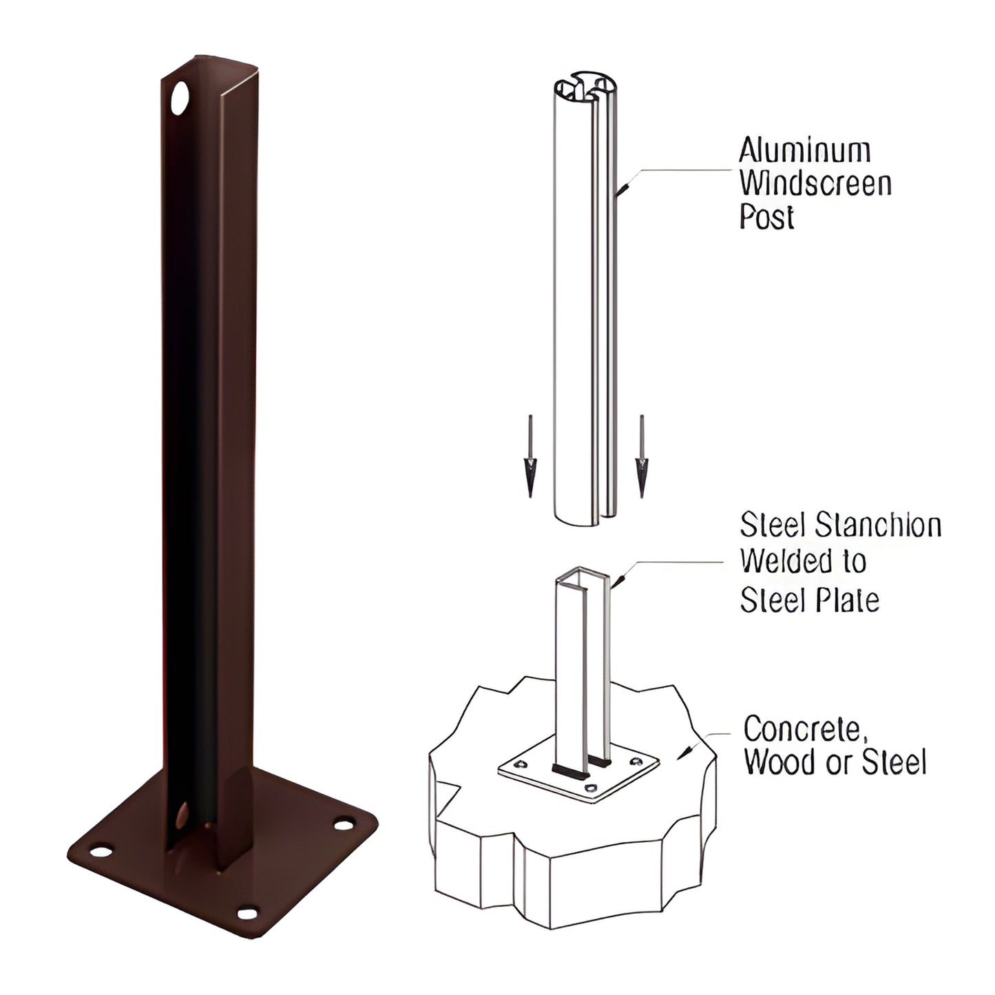 PSB2CBRZ matte bronze welded steel stanchion with 6x6 in base plate, 30in height, 90 post mount for concrete/steel.
