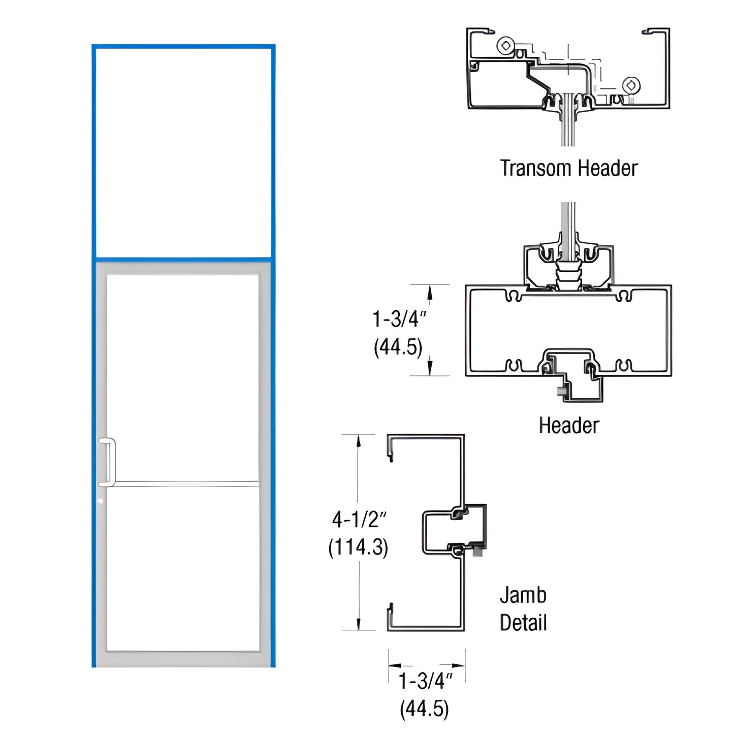 CRL Complete Frame (SKU 0B61571) clear anodized aluminum door frame with transom and jamb/header detail drawings.