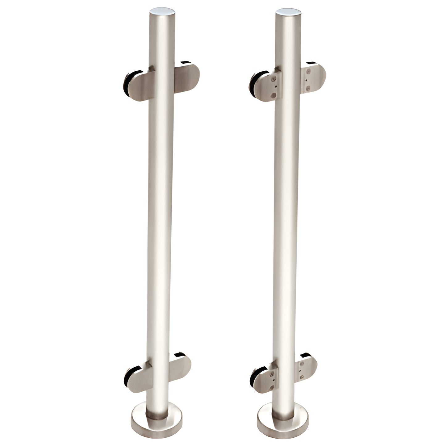 Polished stainless steel 1-1/2" P-series glass railing posts with clamp fittings and round base plates, SKU PR1540CPS