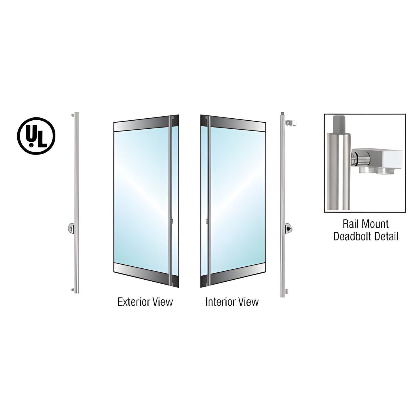Polished stainless steel DB130F4R1PS rail-mount deadbolt handle for 1/2" glass doors, 1-1/4" dia, left-hand reverse
