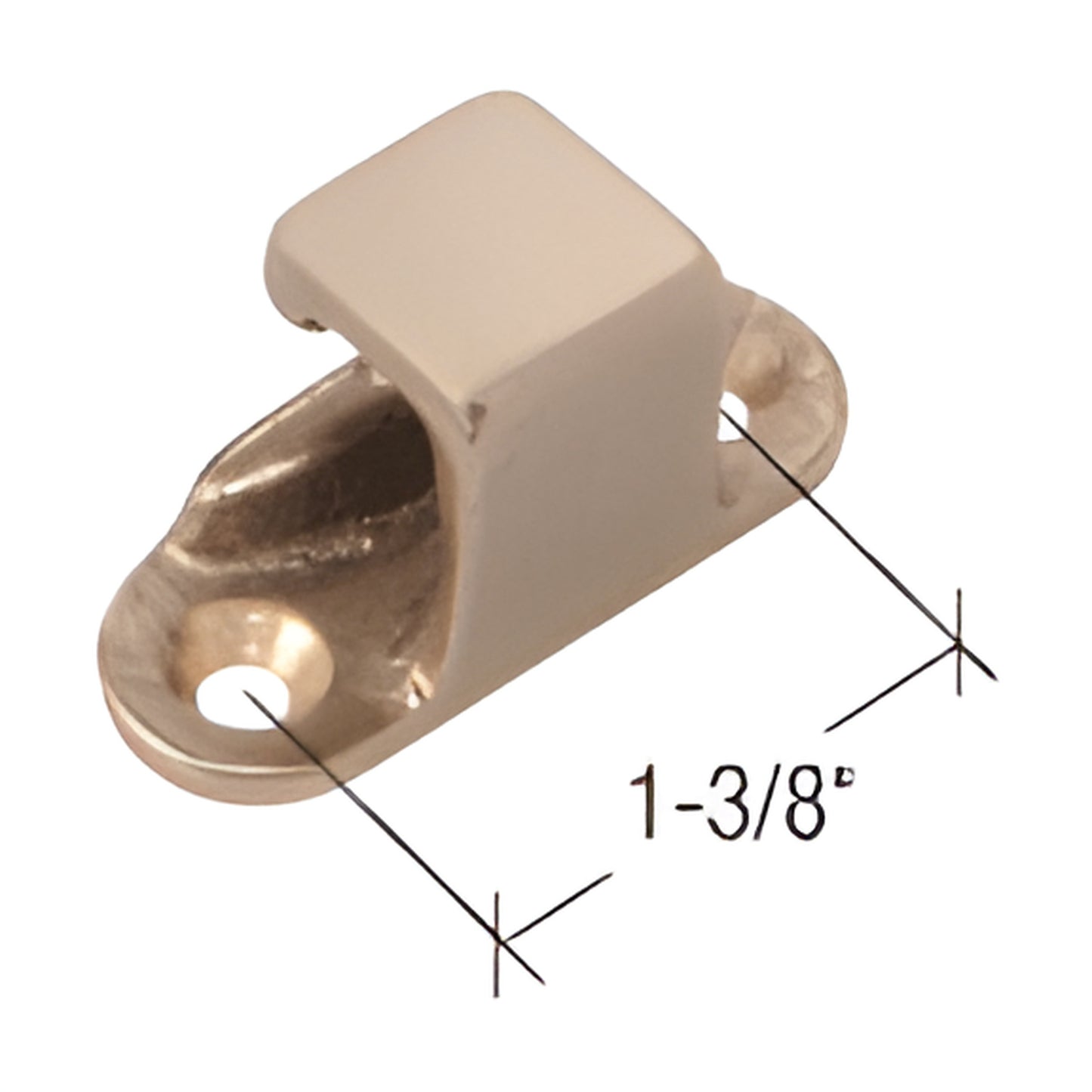 Satin brass cam handle lock keeper (SKU WH04204) for commercial casement windows, 1-3/8" hole spacing.