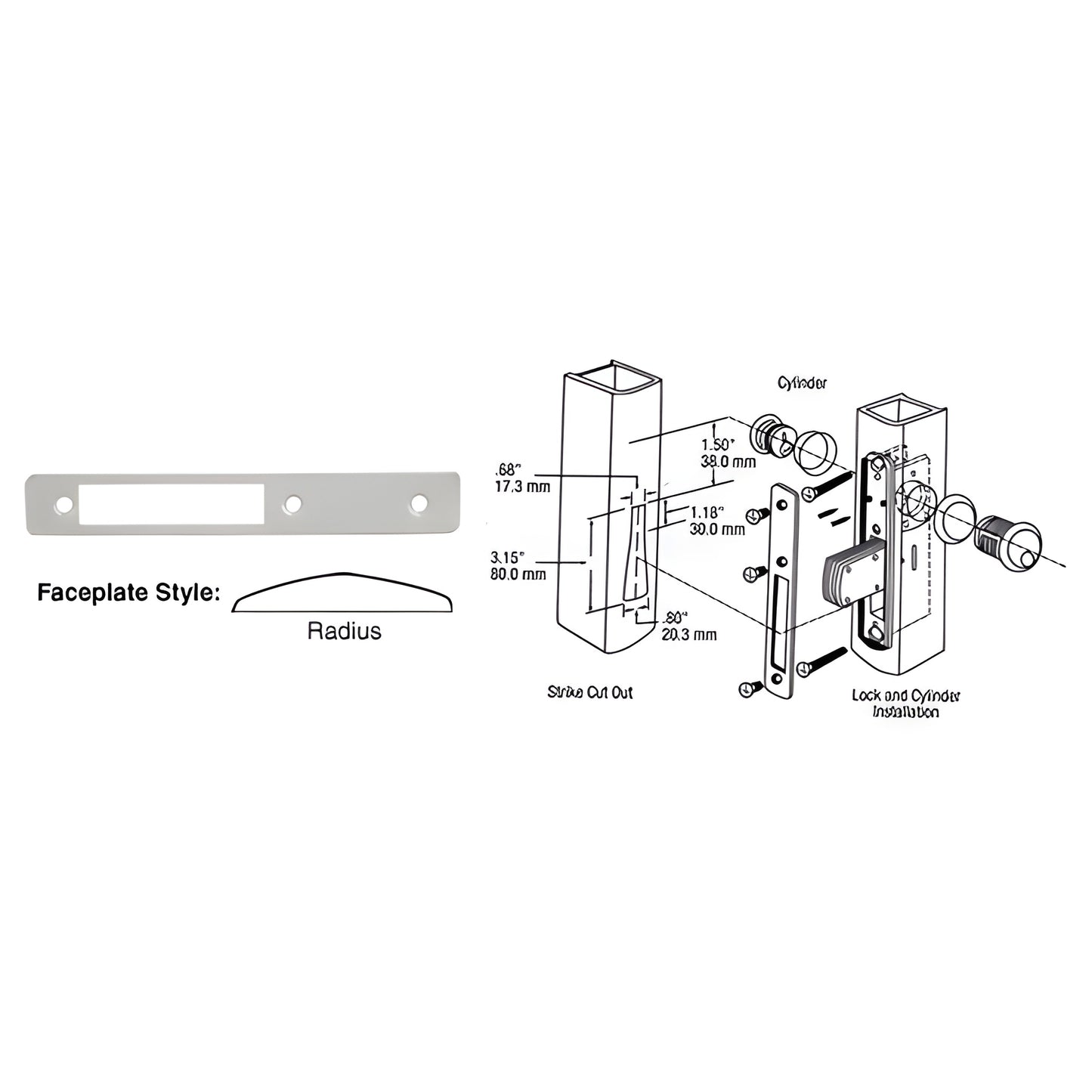 DL2112A aluminum radius faceplate 1 x 6 7/8 in for deadlocks, rectangular slot with three screw holes, shown with installatio