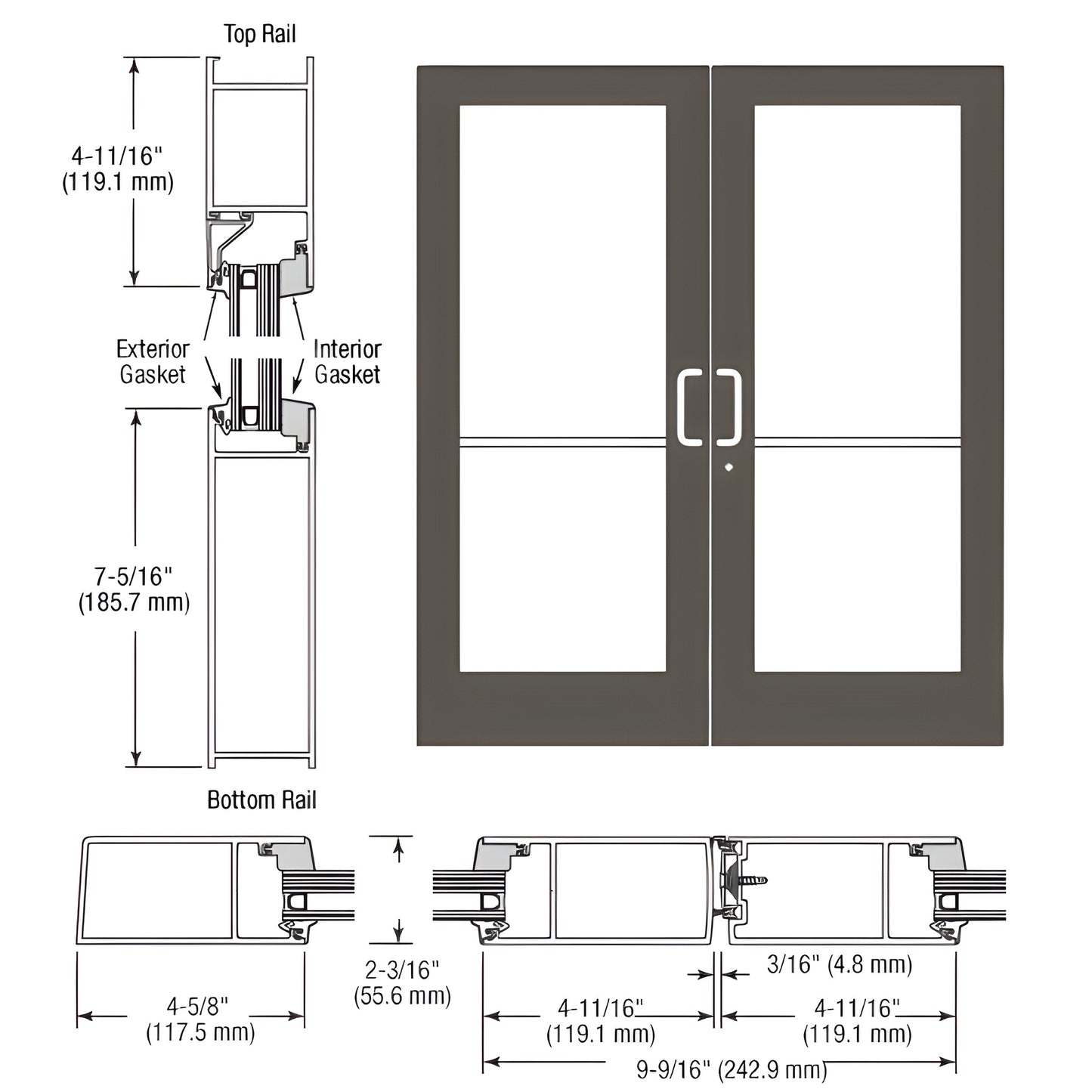 CRL SF62822 black bronze anodized double-impact entrance doors, medium stile pair with hardware and dimensions