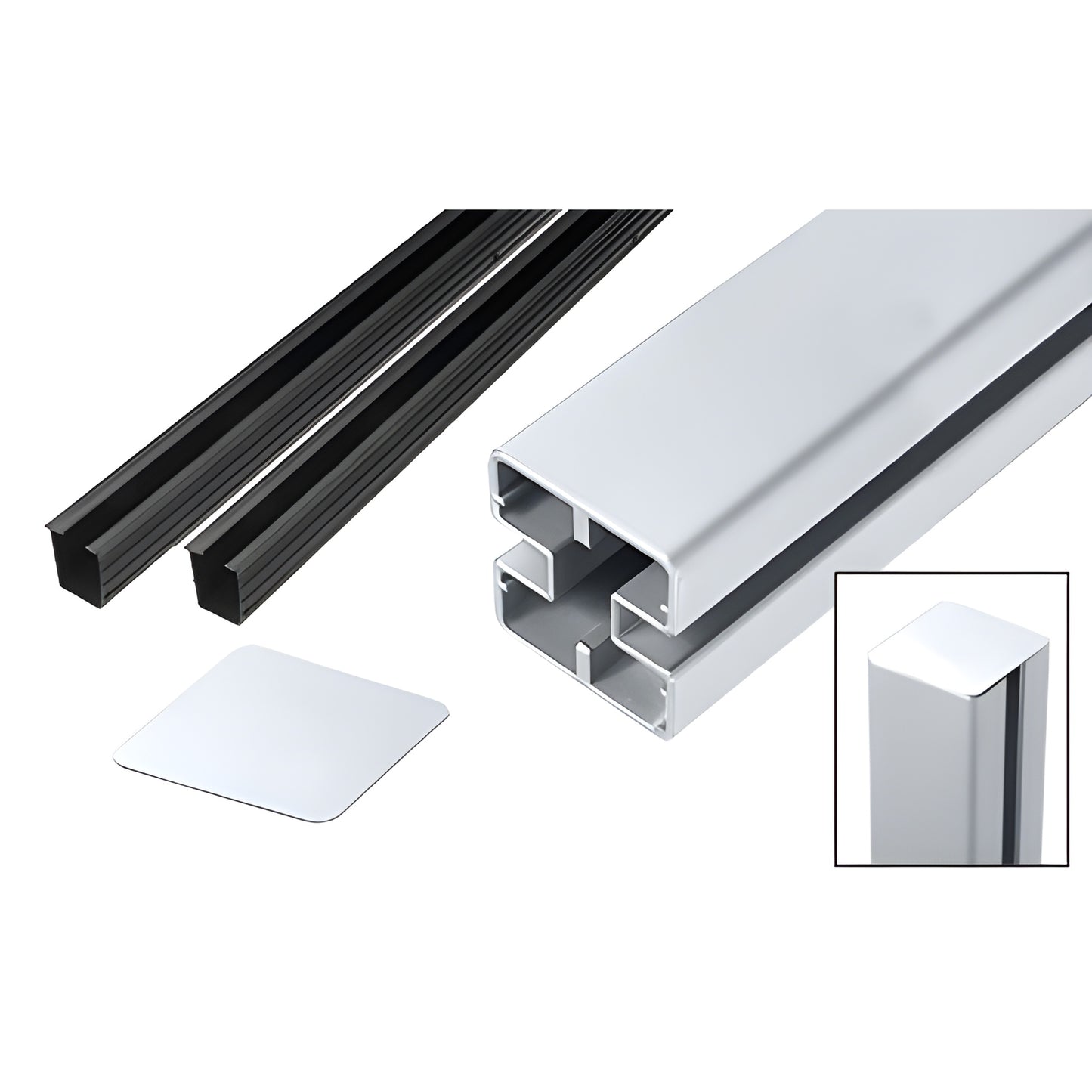 HD72CKM mill aluminum heavy-duty rectangular glass post kit with flat top cap and black glazing vinyl strips.