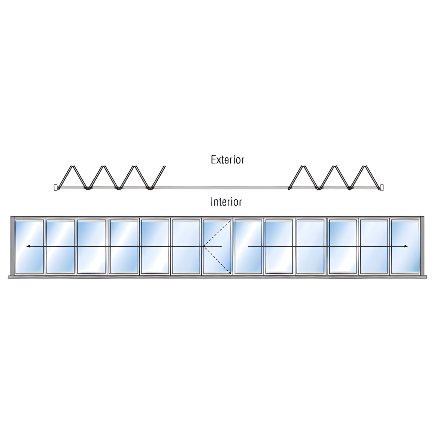 Monterey 13-panel aluminum bi-fold glass wall, 7+6 biparting, satin anodized finish, exterior stacking, SKU M8B76R0SAL
