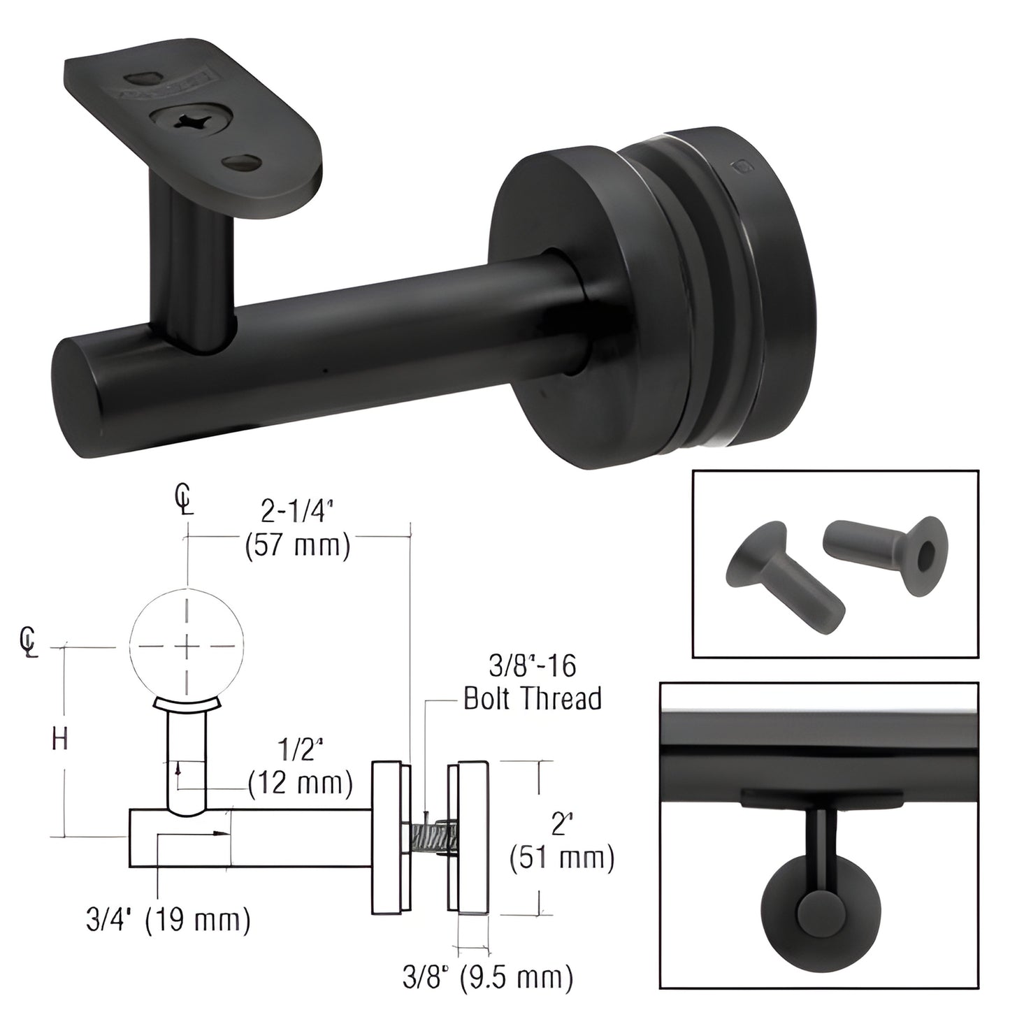 Matte black glass-mounted short-arm handrail bracket SKU HR3EGMBL, 316 stainless, fits 11 2-2 tubing, requires 3/4 glass hole
