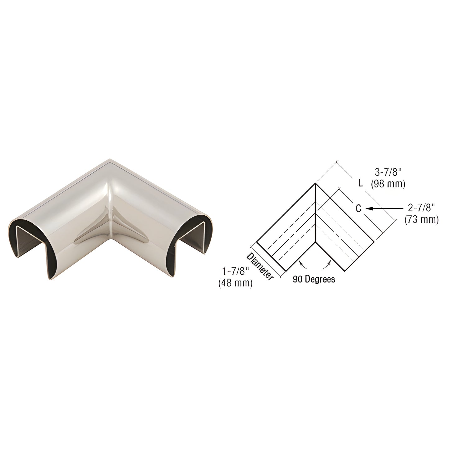 GRRF20HPS polished 316 stainless steel 90 interior cap rail corner, welded, slip-fit, corrosion-resistant