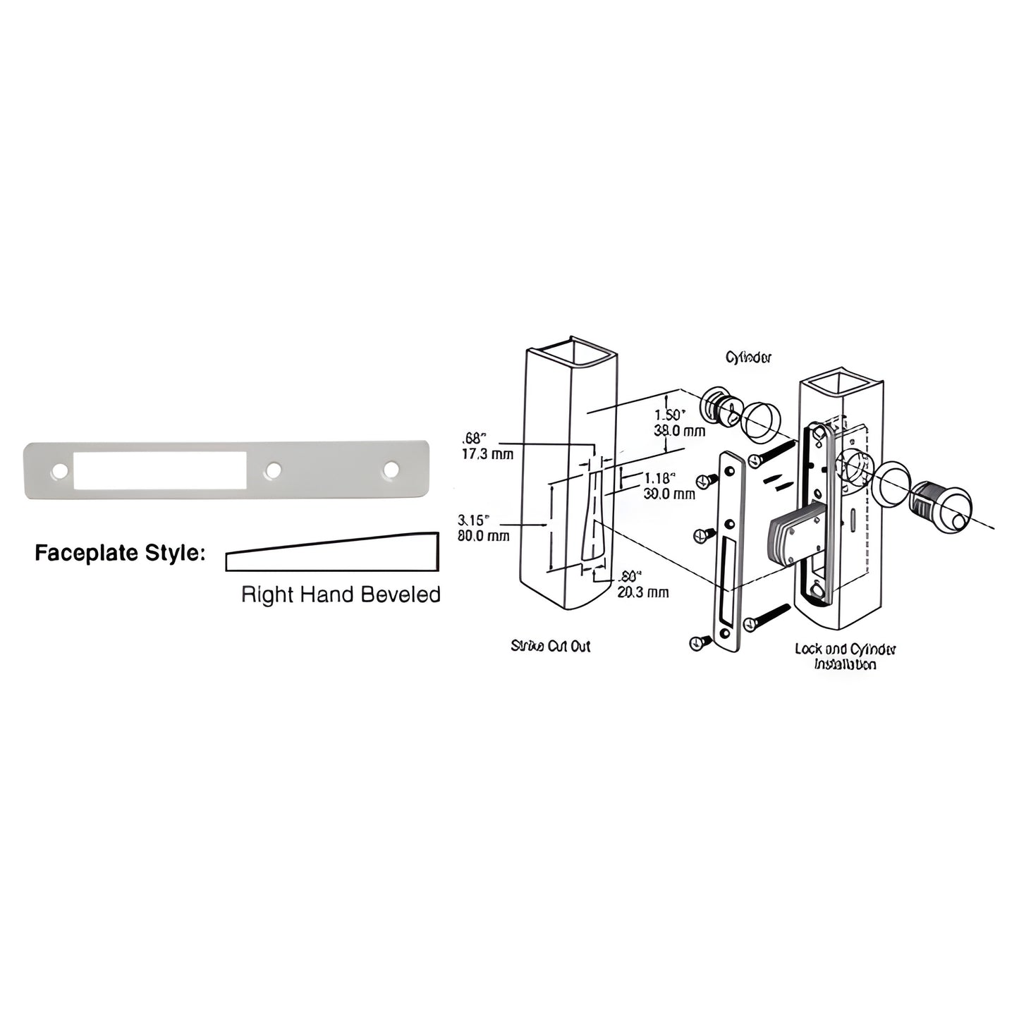 DL2115A aluminum right-hand beveled deadlock faceplate, 1 6-7/8 in, shown with installation diagram