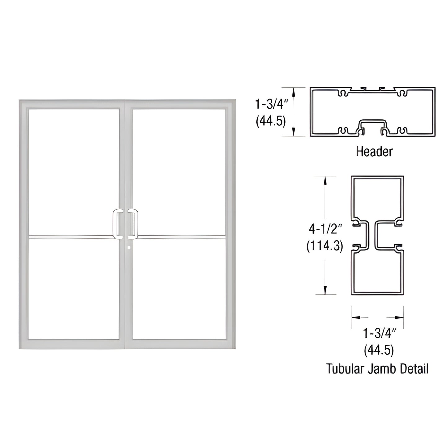 Clear anodized aluminum complete frame for 72" x 84" concealed vertical-rod panic double door with aluminum threshold.