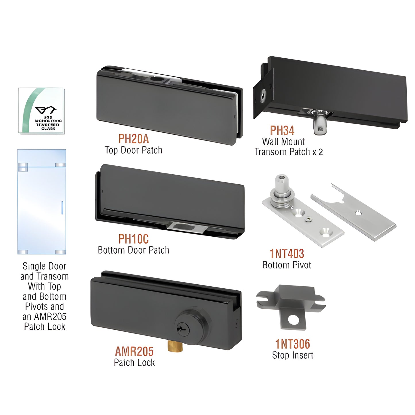Matte black commercial glass patch door kit PHA3LMBL with top/bottom patches, transom patches, bottom pivot and stop