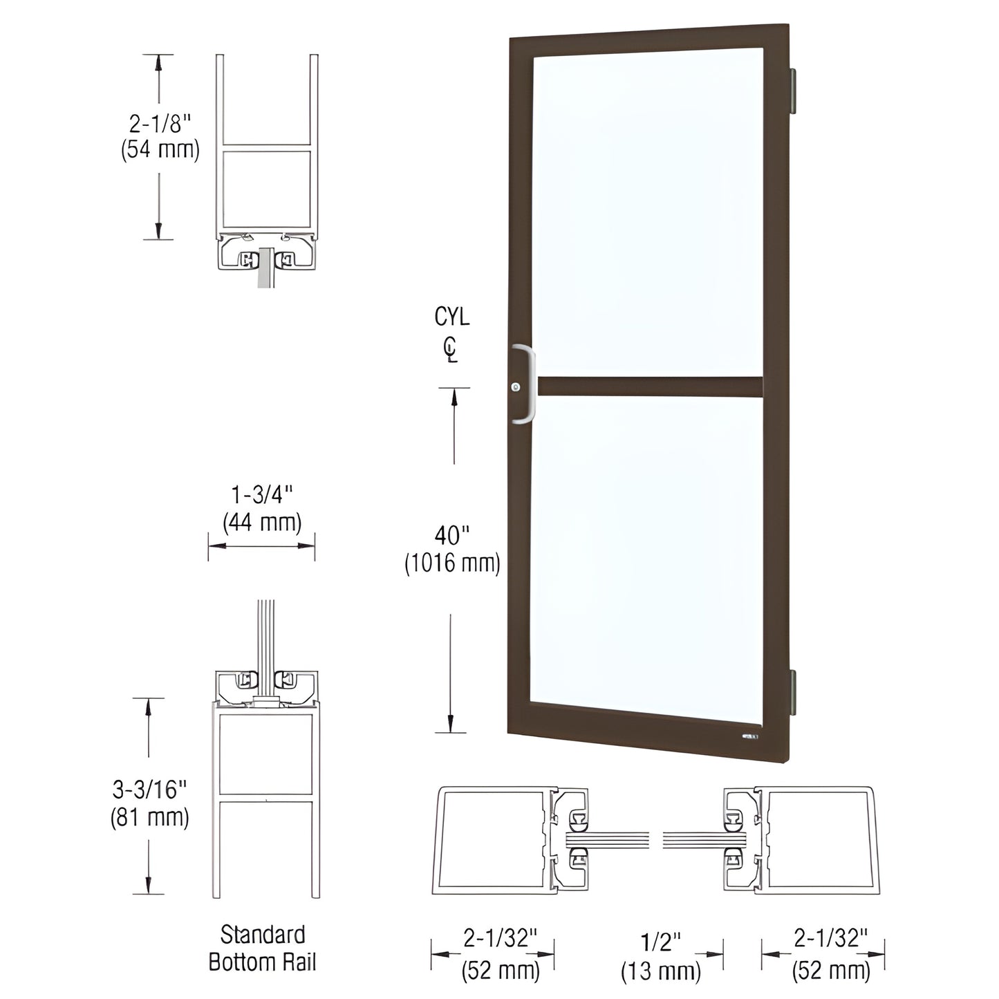 DZ21522 black bronze anodized narrow-stile commercial entrance door with center panic rail and glass