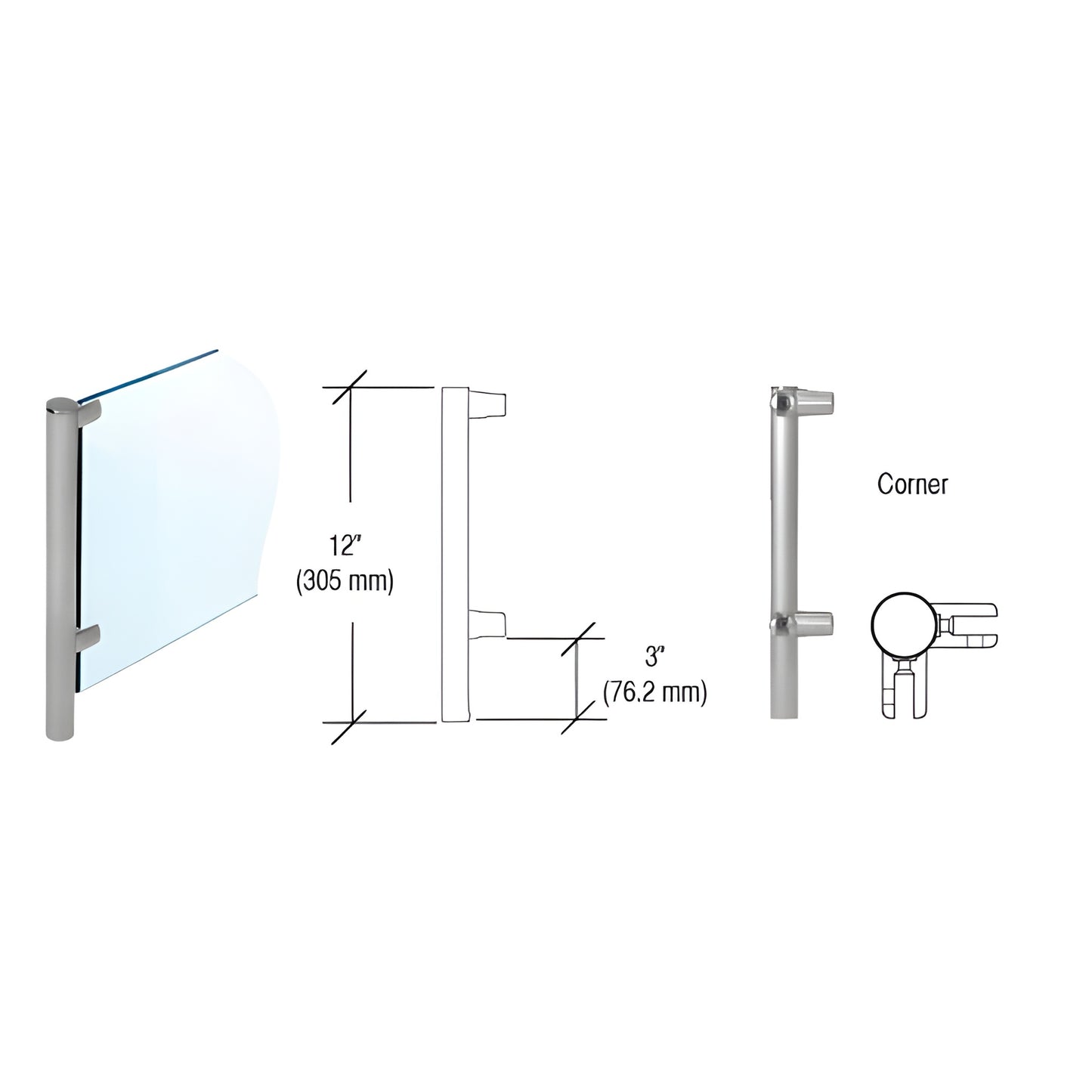 HB55LBS 12 brushed stainless Slimline round partition post with flat cap, concealed lug base for 3/8 glass corner post.