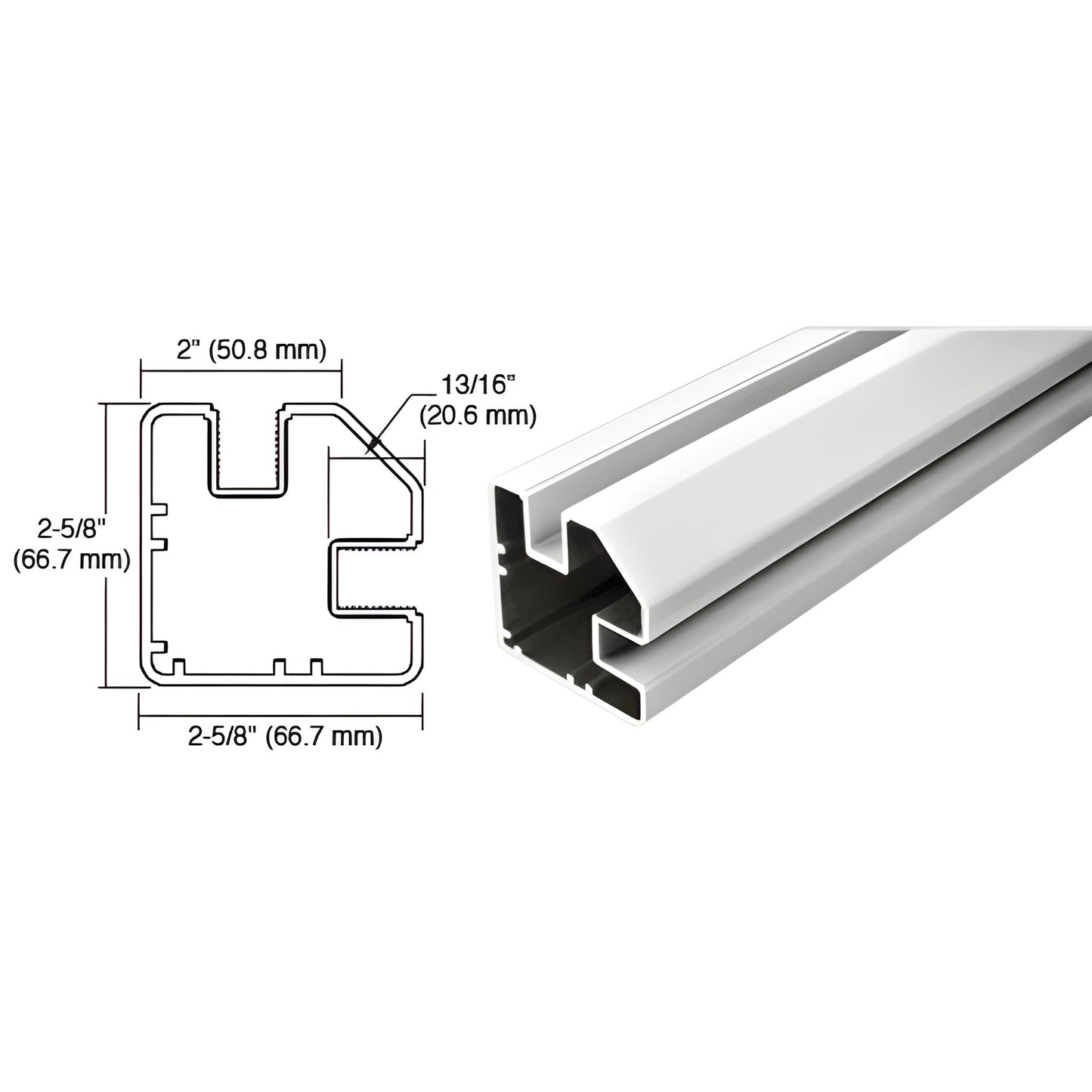 SP9194S silver metallic aluminum rectangular windscreen post, 2-5/8" square profile with technical cross-section diagram