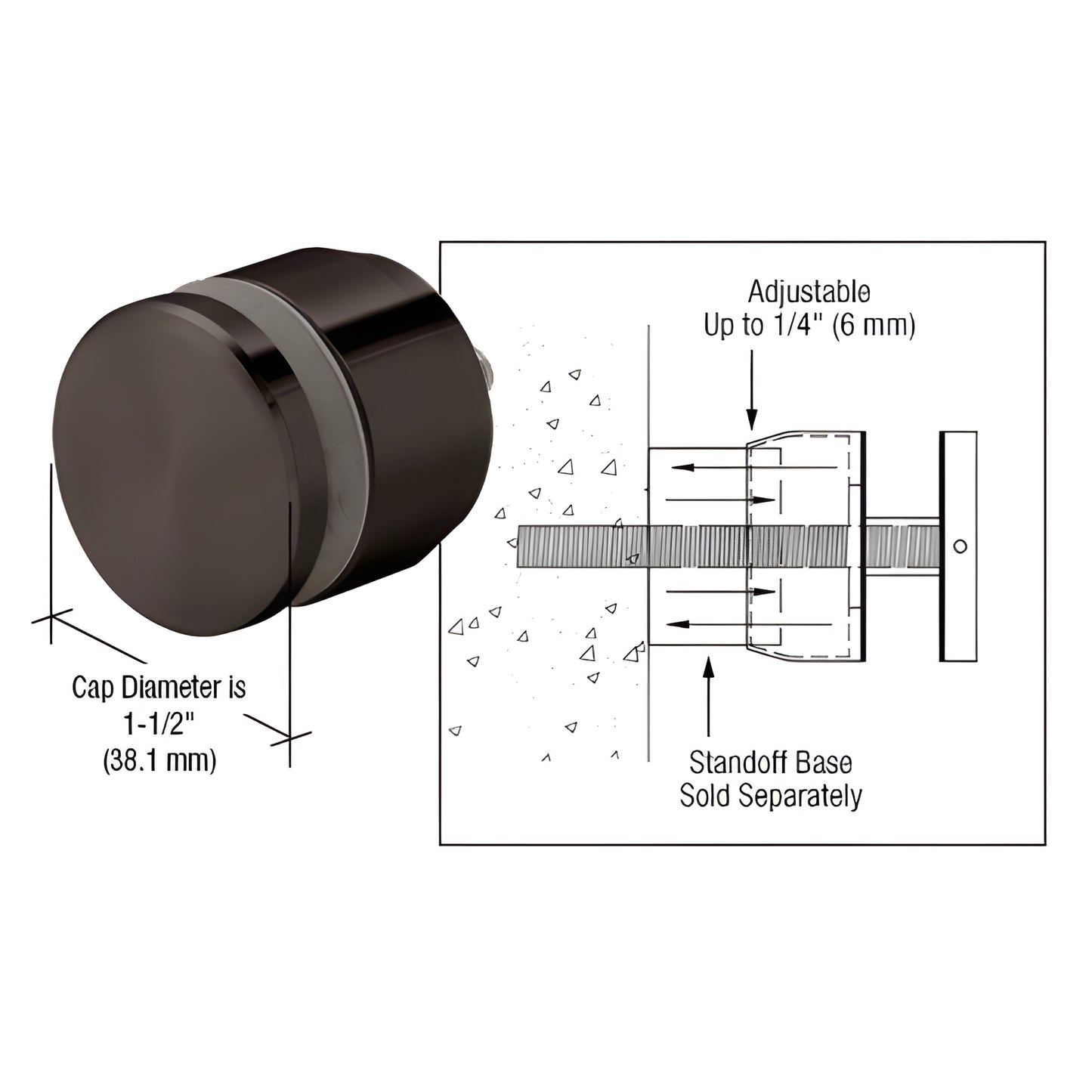 ADJCAP114GM gun metal adjustable standoff cap, brass 1-1/2" dia, fits 1-1/4" base, adjustable up to 1/4" (6 mm)