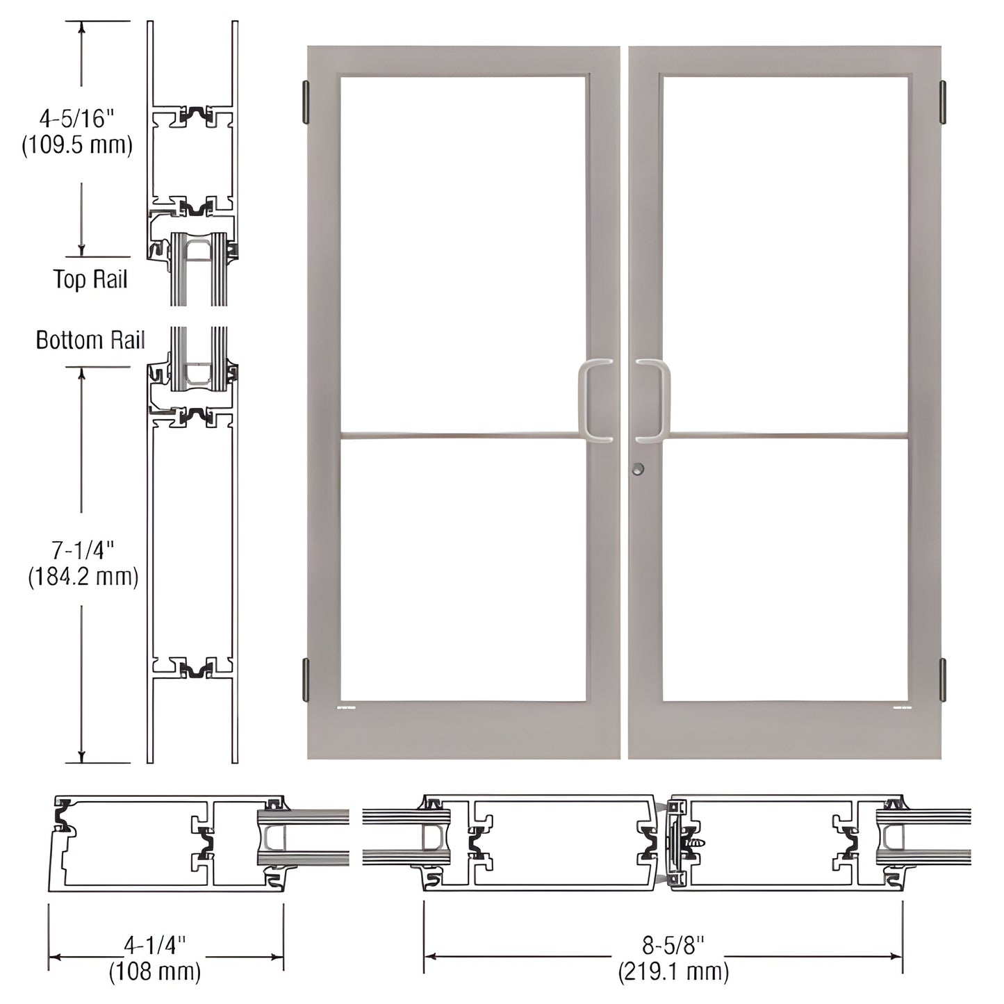 CRL medium stile double aluminum entrance door frame, clear anodized finish, 4-1/4" stiles, ready for glass and hardware, SKU