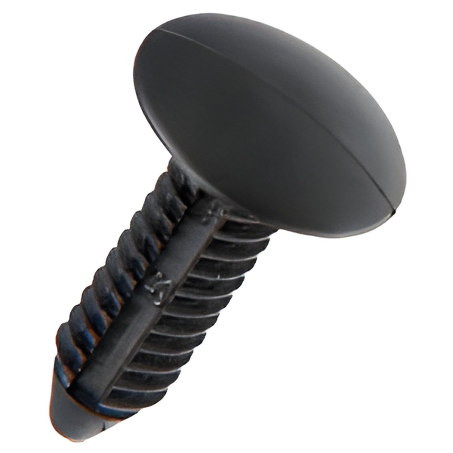 Black plastic push rivet retainer for front bumper cowl grille, 1/4-inch hole - SKU CP957387