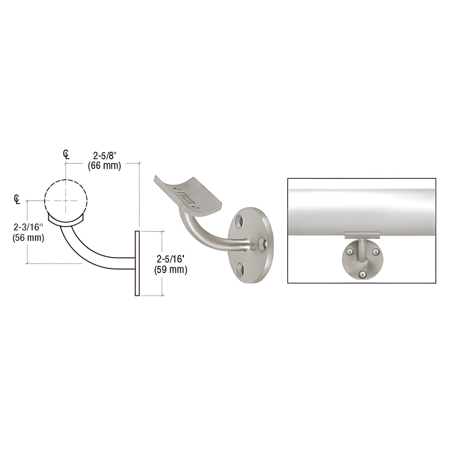HR15B3BS brushed stainless long arm wall handrail bracket, fits 11 2"-2" tubing, 2 5/8" projection, 3 screw round base