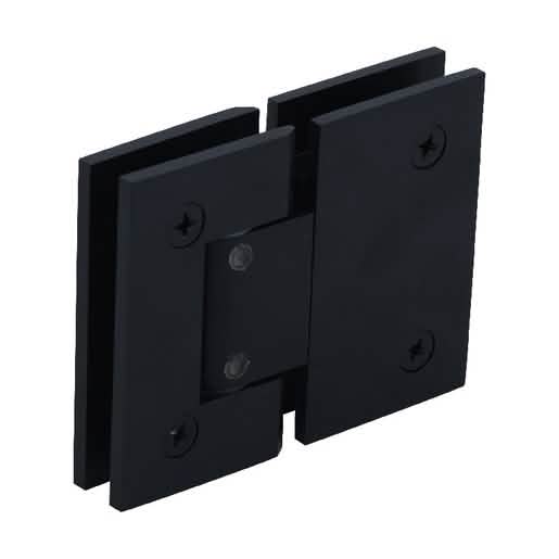 Close-up of CRL Oil Rubbed Bronze Geneva 380 Glass-to-Glass Hinge, 180° adjustable design.