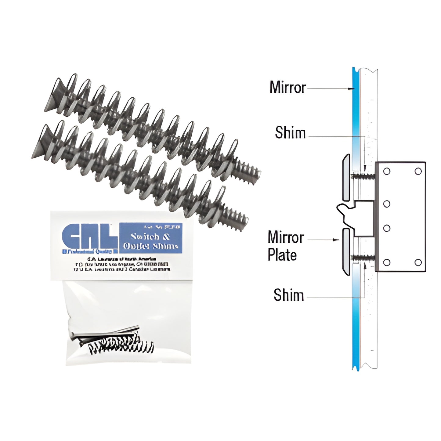 CRL PGP48 mirror outlet/switch shims pack of 2 with screws, small bag and installation diagram showing flush mirror plate.