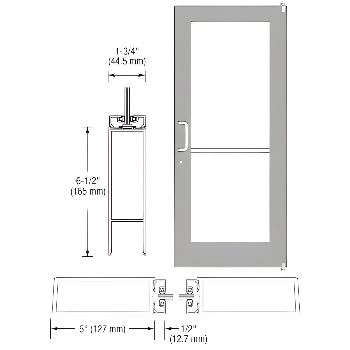 DC51211 custom wide-stile entrance door, clear anodized frame, 5in stiles, glass opening for 1/4in tempered glass, hardware p