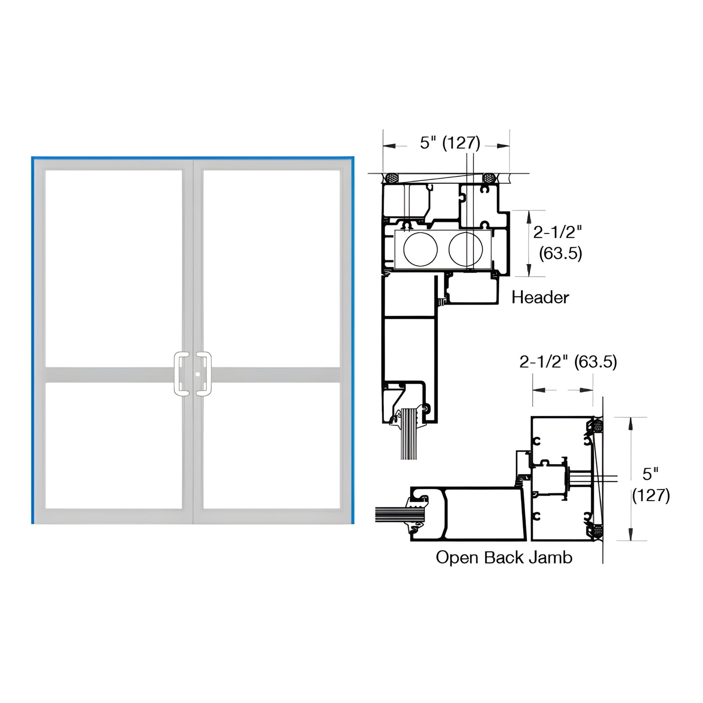 Double hurricane-impact up/over door frame, custom Kynar finish, paired doors with technical cross-section diagrams - SKU 0P4