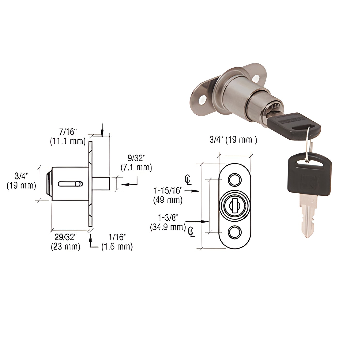 Brushed nickel brass track plunger lock SKU LK55KA with two keys for sliding glass showcase doors.
