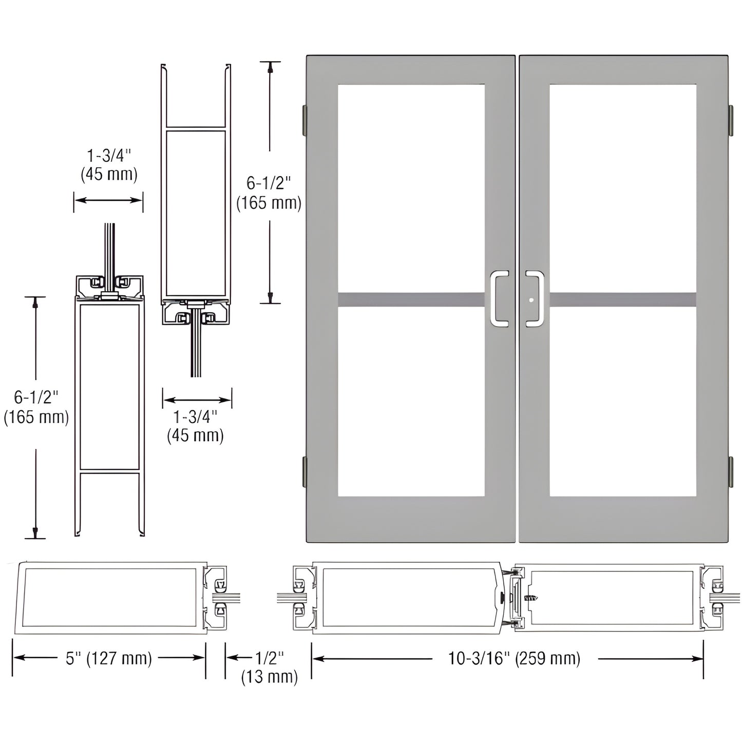 Commercial double glass entrance door SKU DZ52411, clear anodized aluminum stiles/rails, dimensions noted.