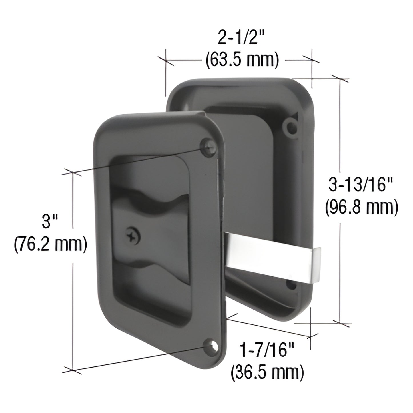 Black plastic recessed pull with steel mortise latch for Hat Section doors, 3" x 2-1/2", SKU A187