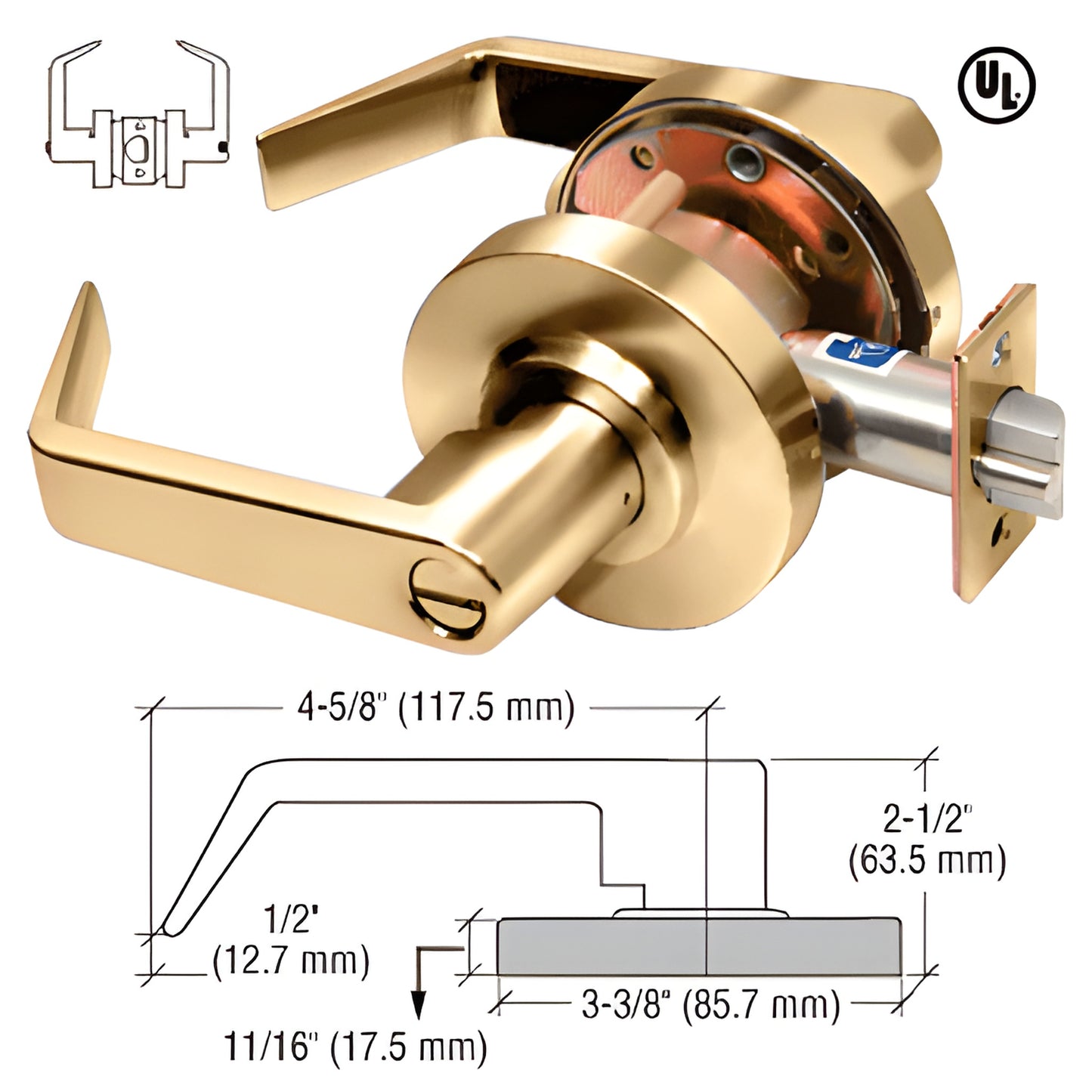 Polished brass commercial privacy lever lockset, Grade 2, UL 3-hr, non-handed reversible, includes strike - SKU D45PRVPB